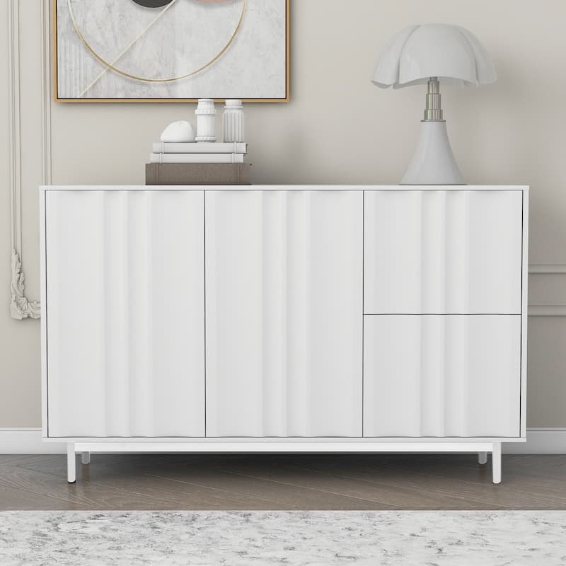 Storage Cabinet Entryway Cabinets with 2 Drawers and 2 Door Wave Pattern, Sideboard with Metal Legs and Adjustable Shelves