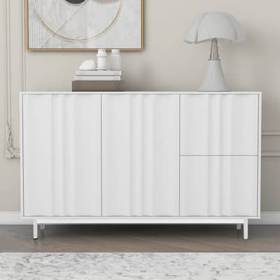 Wave Pattern Storage Cabinet Kitchen Buffet Server Cupboard Adjustable Sideboard with 2 Doors and 2 Drawers for Living Room