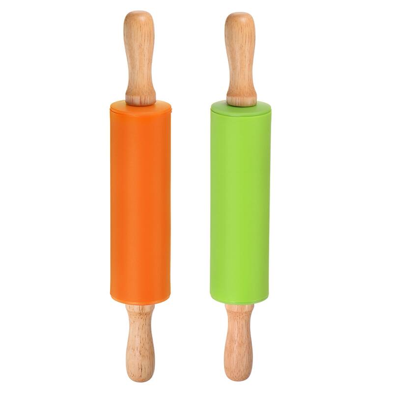 Silicone Rolling Pins for Baking Wood Handle 31cm x 4.2cm Green & Orange - Green & Orange