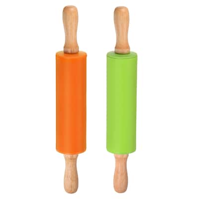 Silicone Rolling Pins for Baking Wood Handle 31cm x 4.2cm Green & Orange - Green & Orange