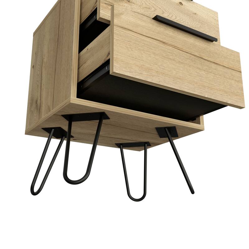 Modern Black Wengue Nightstand, 2 Drawers with Hairpin Legs, Compact and Stylish Design, 13.7"x17.71"x22.44"