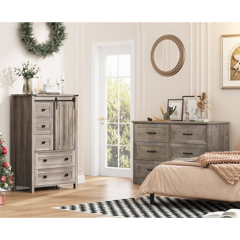 Farmhouse 5 Drawer Dresser for Bedroom, Wood Chest with Sliding Barn Door, Adjustable Shelf