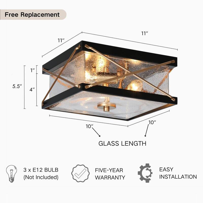 Modern Black Gold Flush Mount 3-Light Glass Square Ceiling Light - 11" L x 11" W x 5.5" H