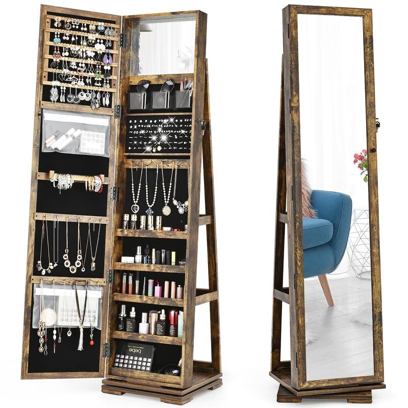 Costway 360degree Rotatable Jewelry Cabinet 2-in-1 Lockable Mirrored - See Details