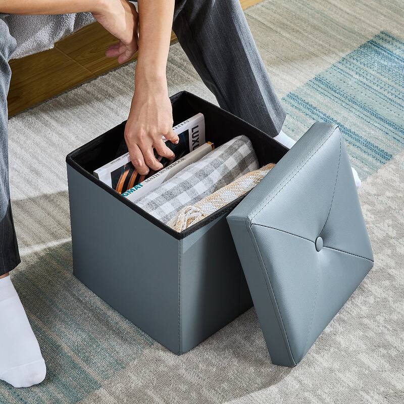 2 PC Storage Folding Ottoman, Storage Footrest Stool, Faux Leather Storage Bench Cube with Padded Seat for Small Space