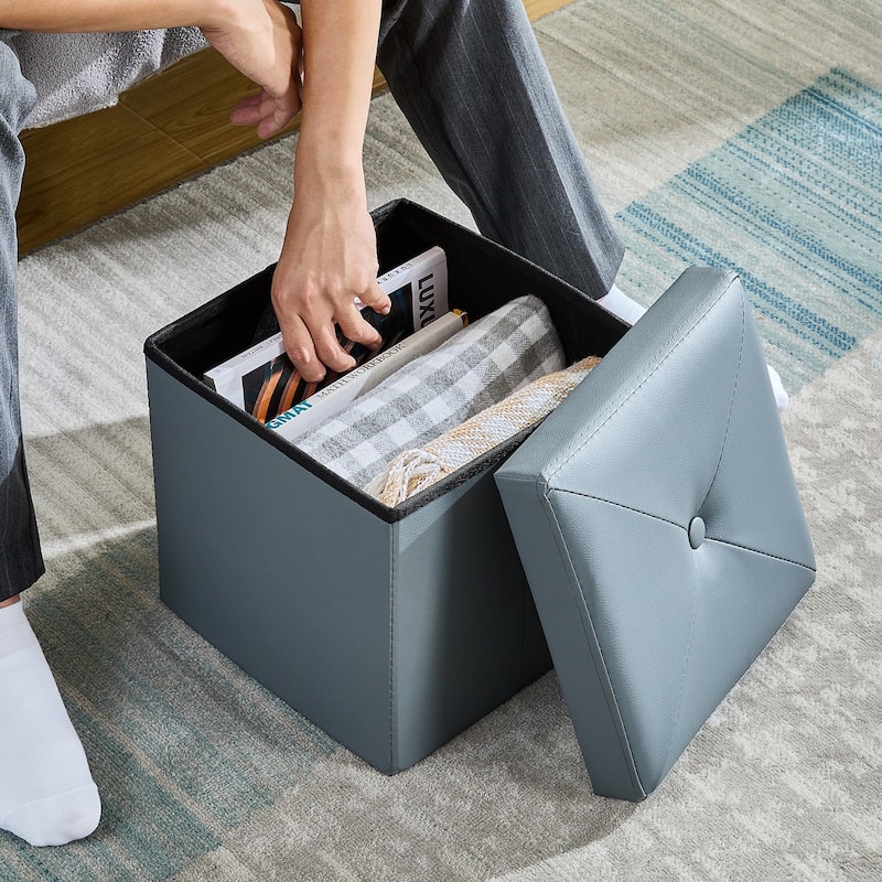 VECELO Folding Storage Ottoman, Bedroom Storage Bench, Versatile Footrest Footstool Tufted Faux Leather Chest for Living Room