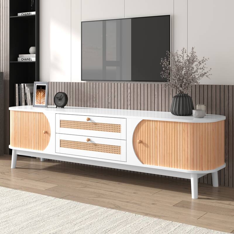 Stylish White MDF TV Stand with Rattan Drawers and Solid Wood Legs - Ample Storage and Easy Cable Management.