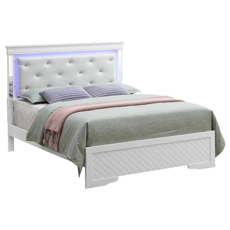 Queen Size Bed with LED Headboard & Jeweled Tufted Leather, Silver Champagne Finish, Wood Veneer Construction - Champagne