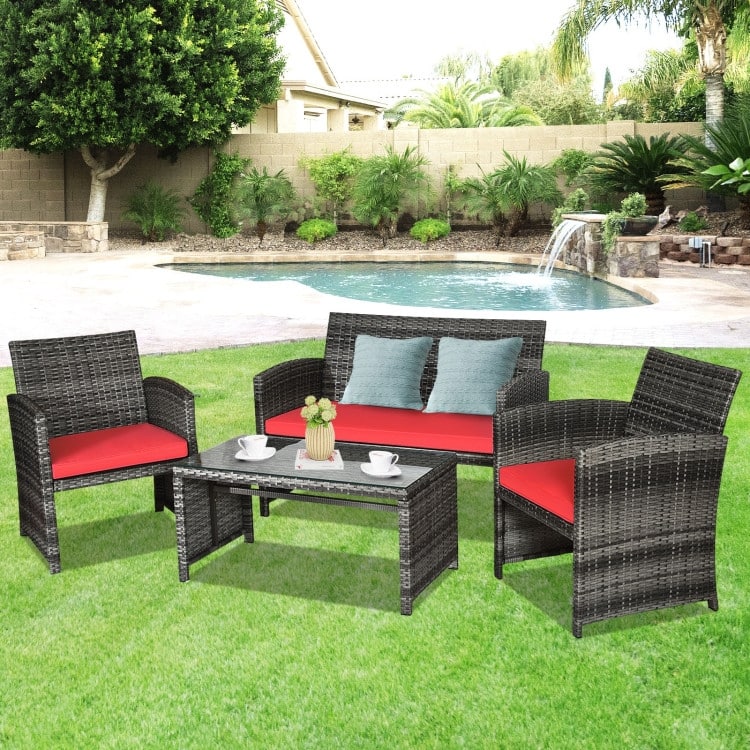 4 Pieces Patio Rattan Furniture Set with Glass Table and Loveseat - 43.5" x 25"x 31" (L x W x H)