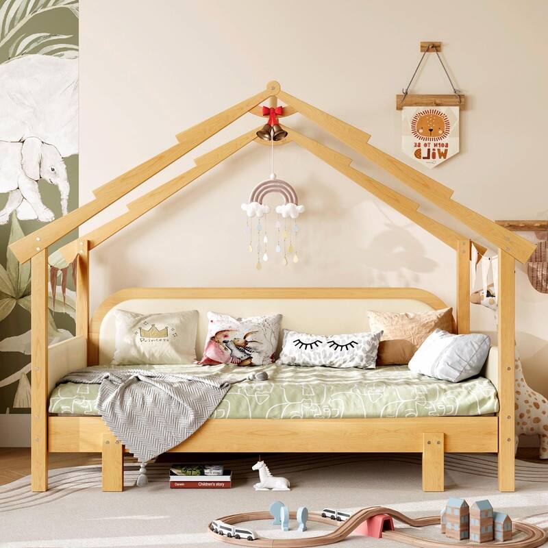 Twin Size Wooden Treehouse Bed with Soft Cushion Rails - White+Natural