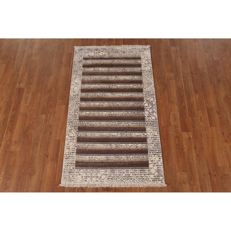 Striped Abstract Accent Rug Handmade Beige Wool Carpet - 2'8"x 4'8"