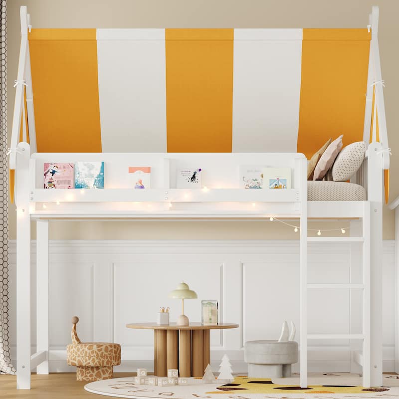 Full/Twin Size Loft Bed with Canopy, LED Lights & Bookshelf, Elevated Bed with Storage - White - Full