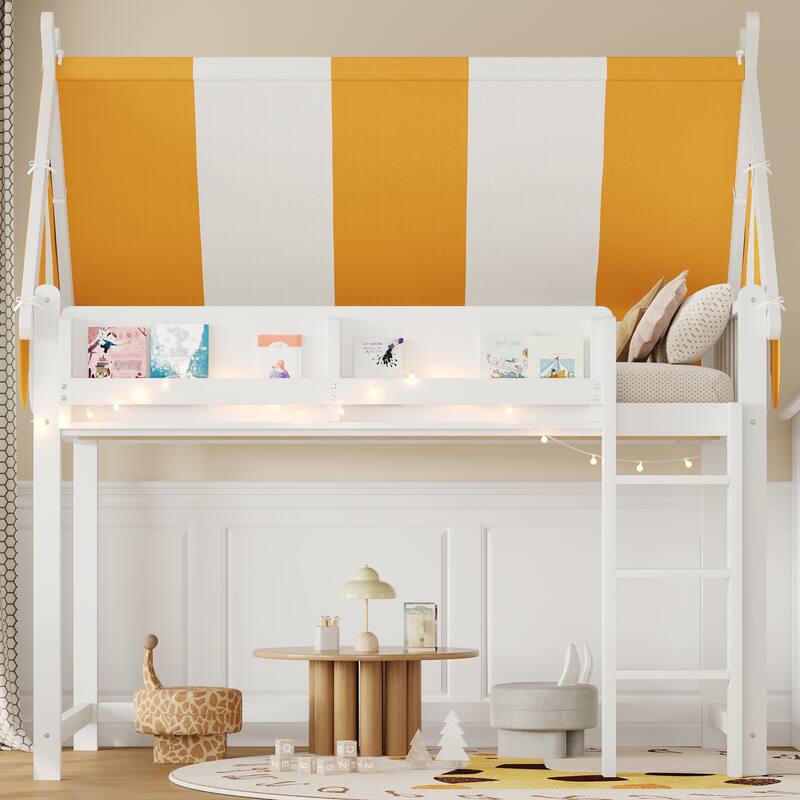 GDFStudio - BrightNest Modern Wooden Loft Bed with Canopy, LED Lights and Bookshelf