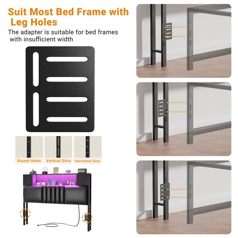Upholstered Headboard with Storage Shelf and Small Cabinet, Headboard Power Outlet and LED Light