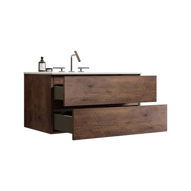 GDFStudio - Coralie Modern Floating Bathroom Vanity with Integrated Ceramic Sink and Soft-Close Storage