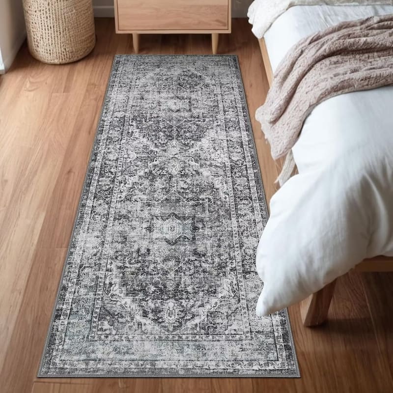 Machine Washable Area Rug Vintage Medallion Rugs Non Slip Low Pile Bedroom Rug