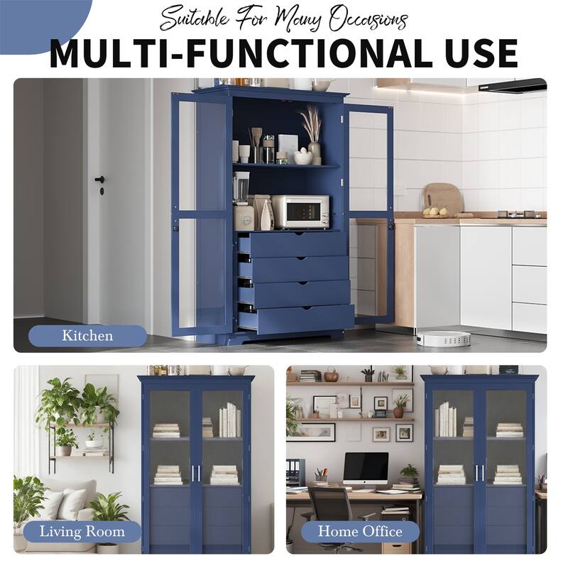 Freestanding Kitchen Storage Cabinet Pantry with Glass Doors and 4 Built-in Drawer