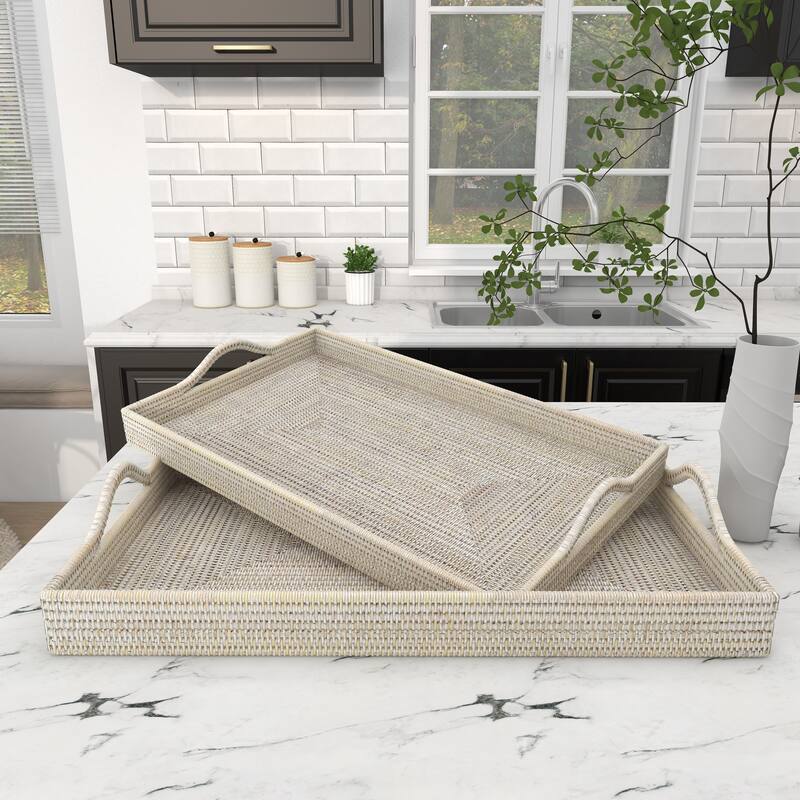 Cream or Brown Rattan Tray (Set of 2) - 26 x 16 x 3