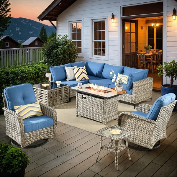 Outdoor Swivel Rocker Chairs Set Of 2 With Side Table - Wicker Patio Furniture, Waterproof Cushions, Retractable Footrest (Brown/Blue)