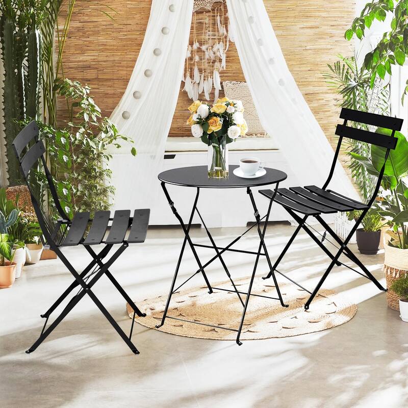 3pc Metal Folding Bistro Set, Weather-Resistant Outdoor/Indoor Conversation Set for Patio, Yard, Garden - Black