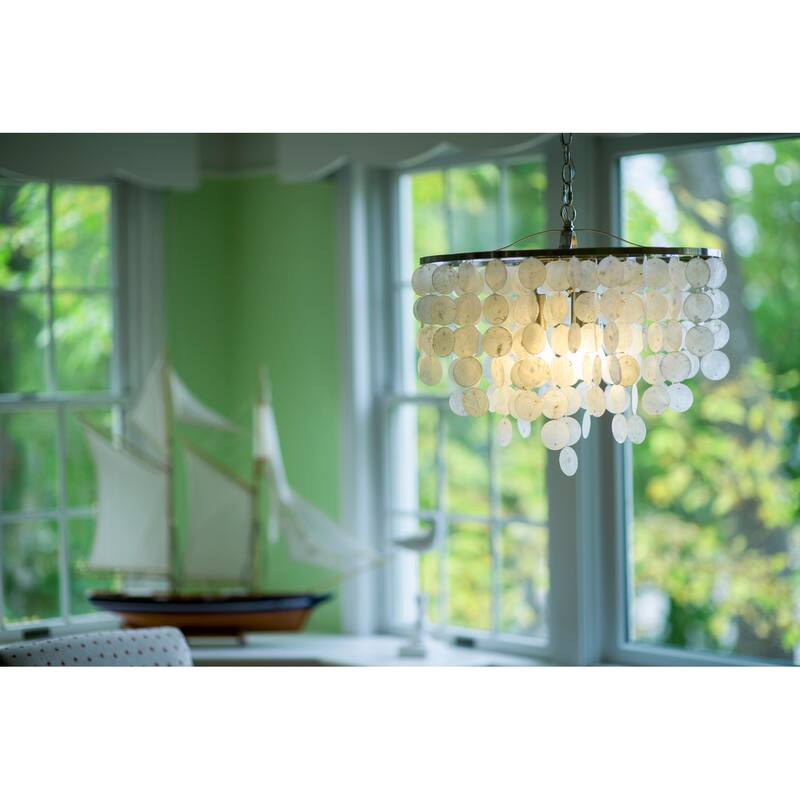 Waterfall Pendant Light - 3-Light Capiz Shell Chandelier, Adjustable Height, Satin Nickel Finish - 93.75