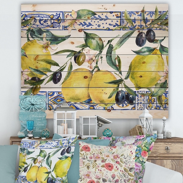 Designart 'Lemon Ornament On Blue Geometrical Pattern II' Tropical Print on Natural Pine Wood. Opens flyout.