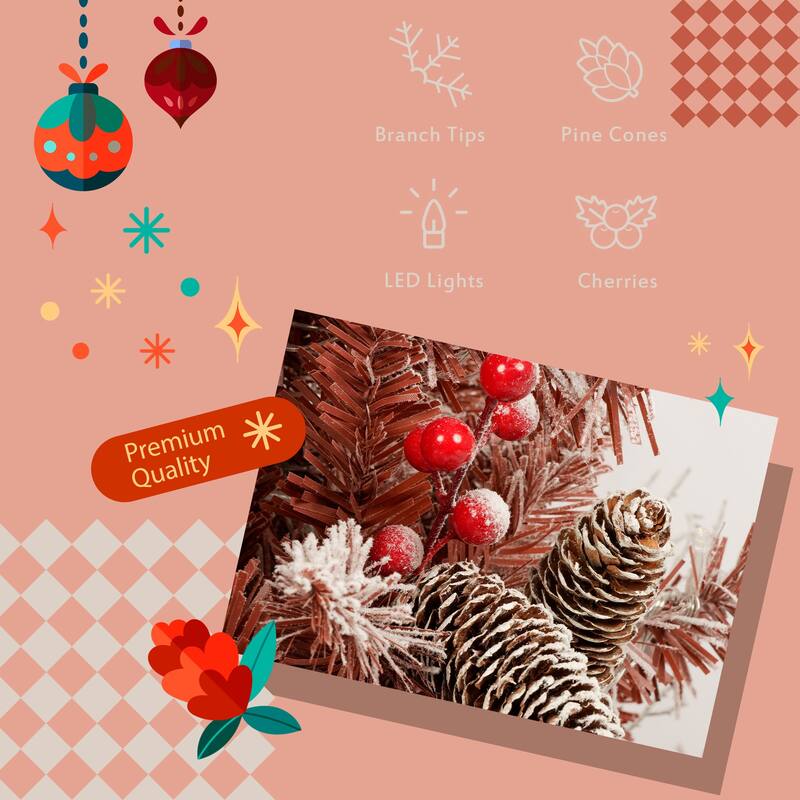 4PCS Set Artificial Brown Needles Christmas Tree with Flocking, Warm Lights, Pine Cones & Berries