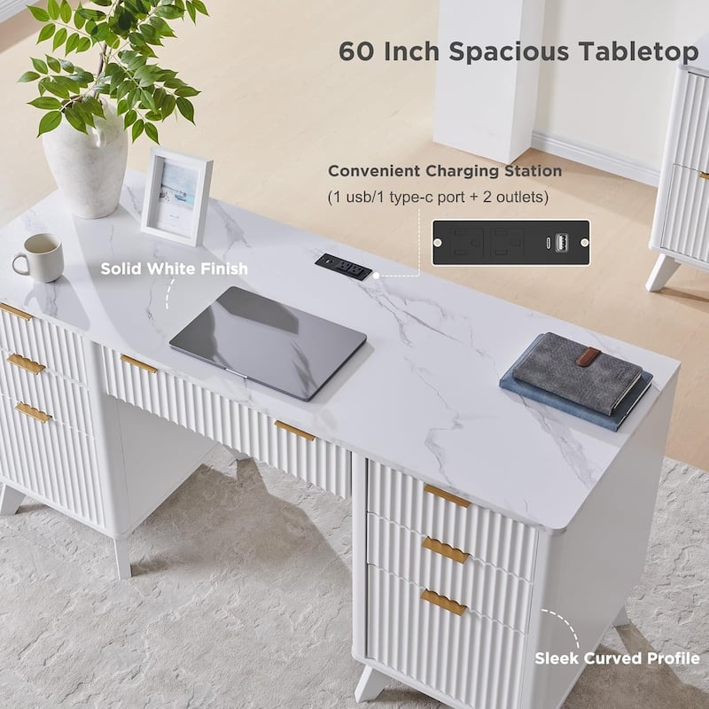 Modern Executive Desk with Charging Station, Home Office Computer Desk