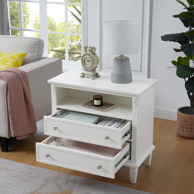 Farmhouse 2-Drawer Dresser Nightstand with Charging Station, USB Ports, Open Shelf & Solid Wood Legs