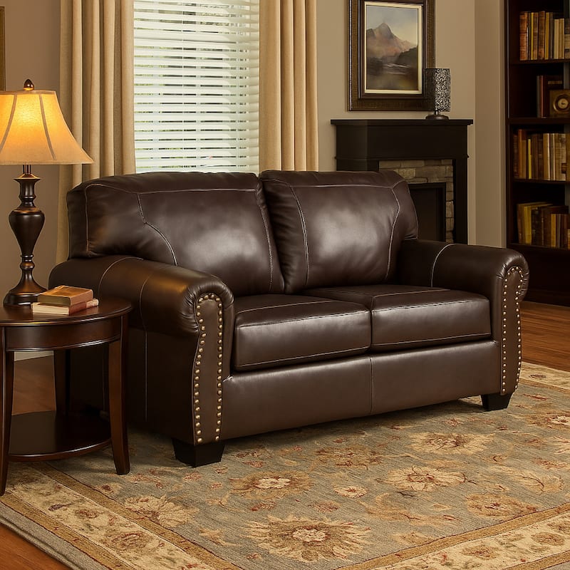 Reeve Loveseat, Rolled Arms, Nailhead Trim, Dark Brown Leather 67 Inch