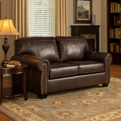 Reeve Loveseat, Rolled Arms, Nailhead Trim, Dark Brown Leather 67 Inch
