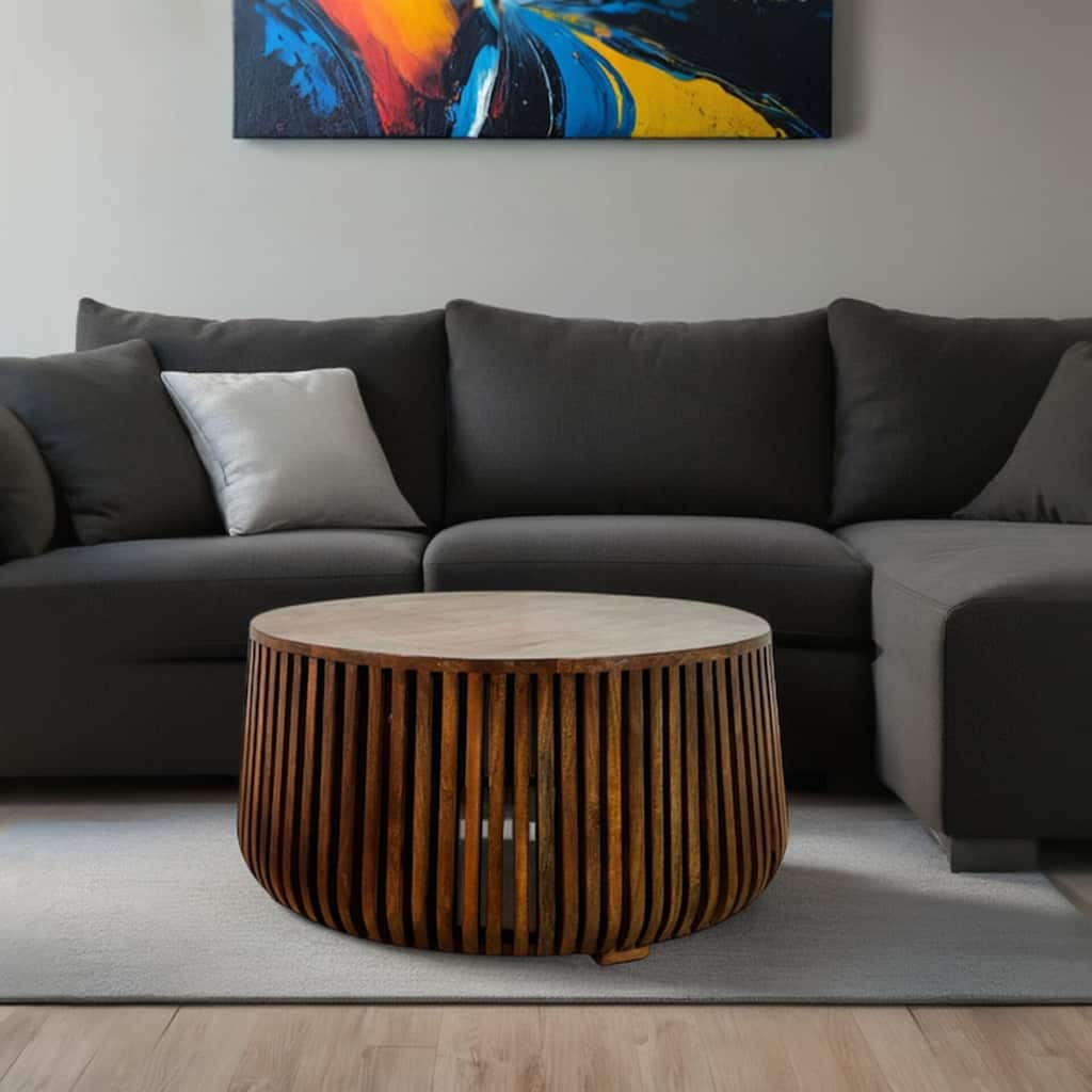 Cascade 36" Coffee Table - Vintage Layered Open Slats Base, Round Solid Wood Top Drink Table