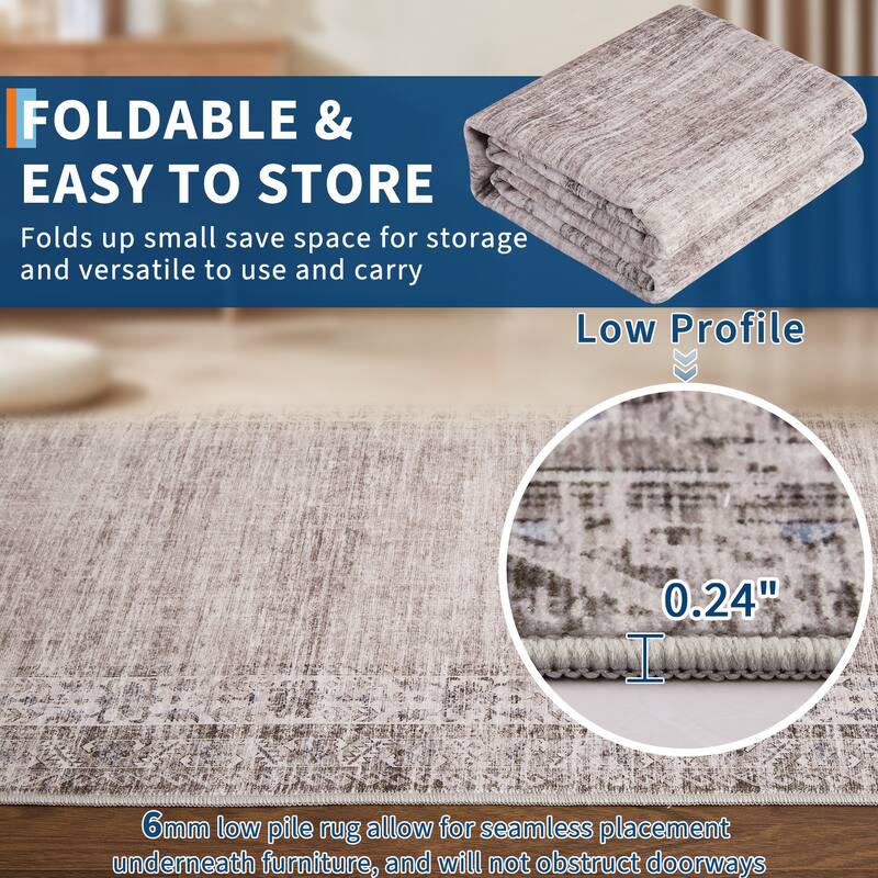 Vintage Bordered Area Rug Washable Area Rug Non-Slip Low Pile Throw Carpet for Living Room Bedroom Dining Room