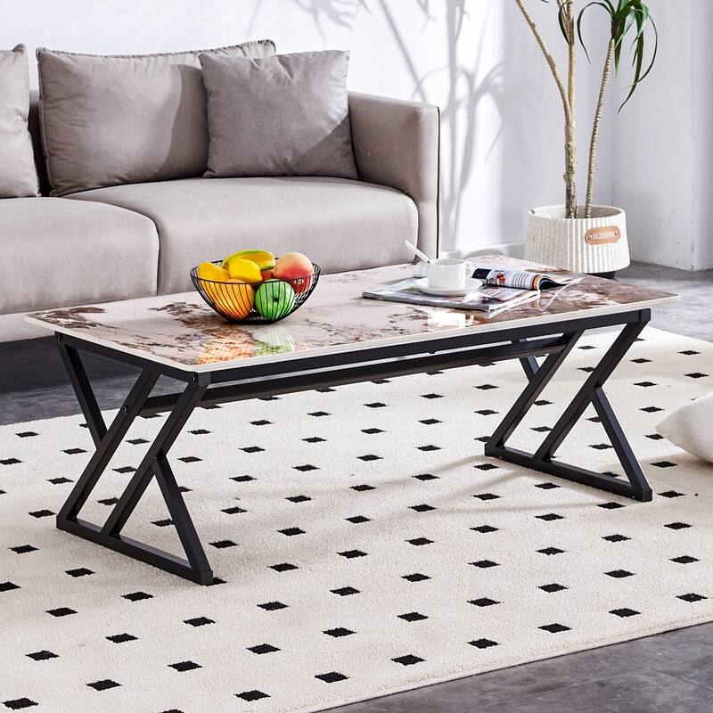 A modern minimalist style marble patterned coffee table with golden metal legs Computer desk Game table Tea table