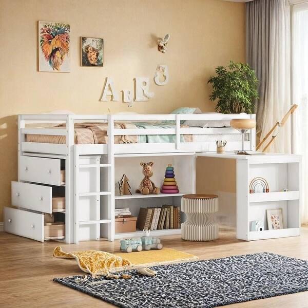 slide 2 of 13, Rubber Wood Loft Bed with Under-bed Storage Space, Twin Size White