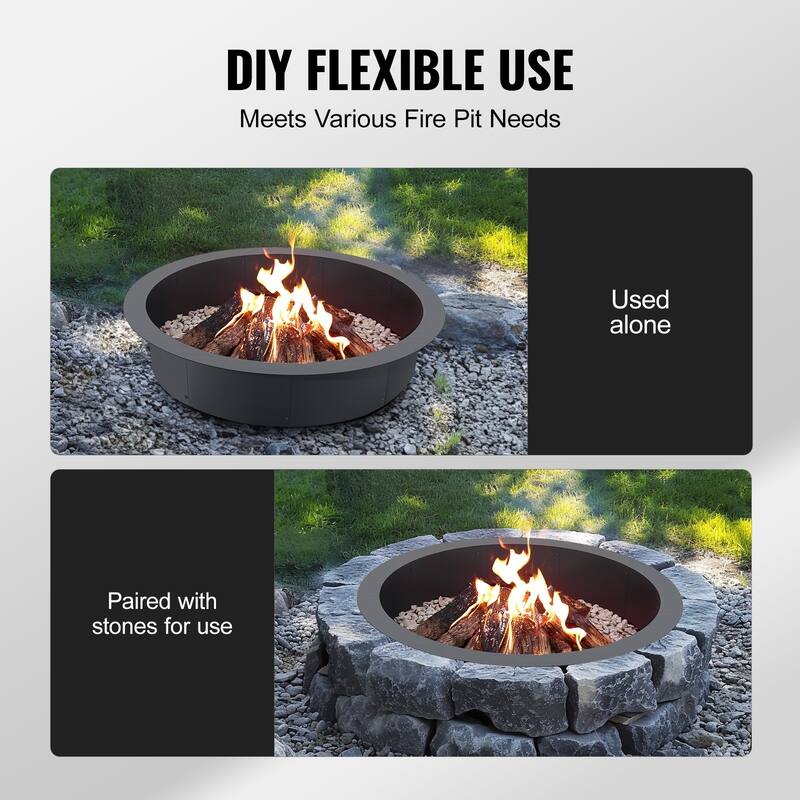 Black Carbon Steel Round Ring Fire Pit Perfect for Outdoor Special Events or Holiday Gatherings