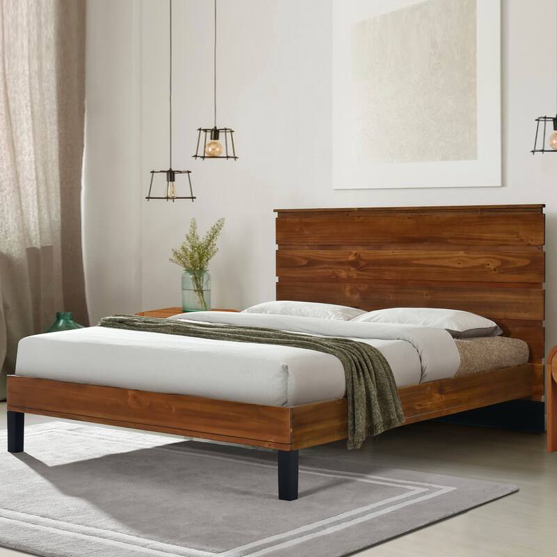 Rustic Brown Solid Wood Frame Full/Queen/King Size Panel Bed Platform Bed Frame with Six-Piece Headboard,No Box Spring Needed