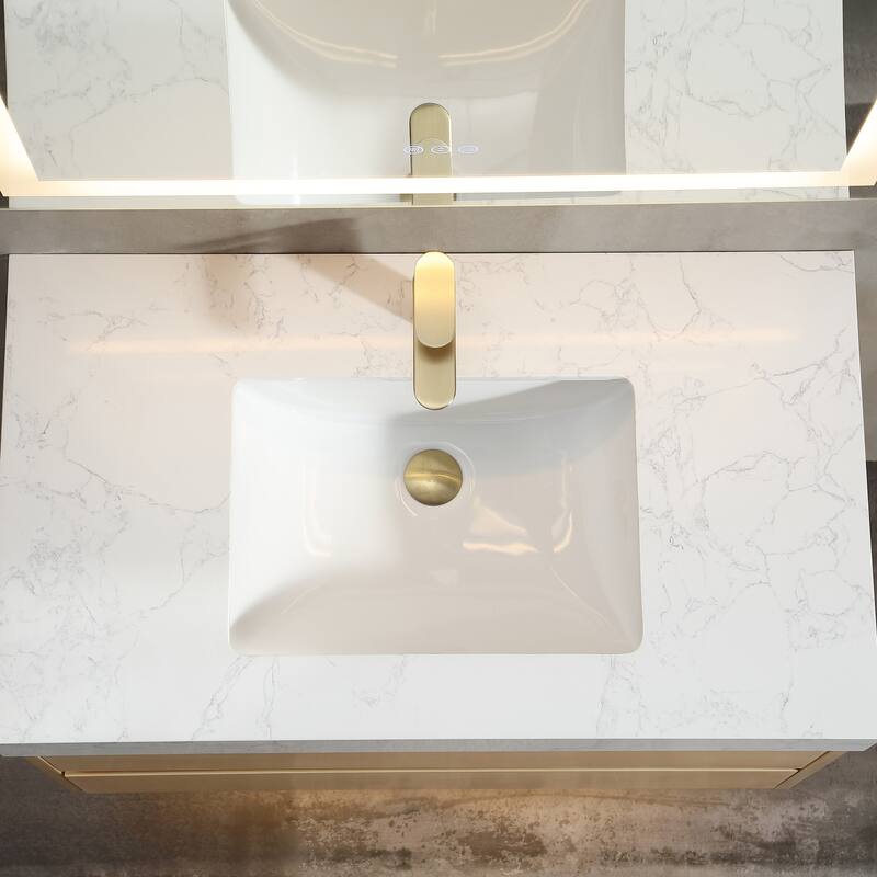 Modland 36" Wall-Mount Bathroom Vanity with LED Base Light & Engineered Stone Top - Soft-Close Drawers, Maple Yellow - 36 inch