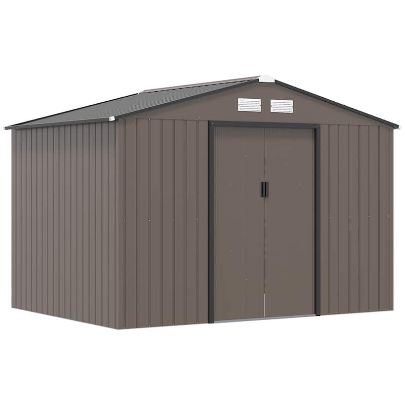 Outsunny 9' x 6' Outdoor Storage Shed, Garden Tool House with Foundation, 4 Vents and 2 Easy Sliding Doors - Brown