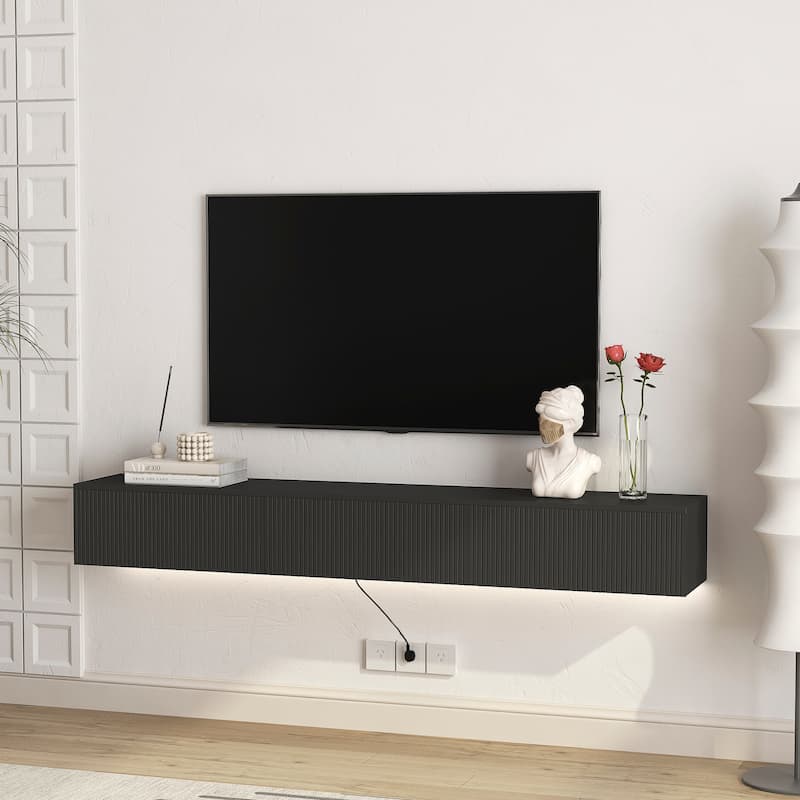 Modern Floating Wall-Mounted TV Cabinet, for 55, 60 and 65 Inch TVs, with 16-Color LED Lights, for Living Rooms, Black
