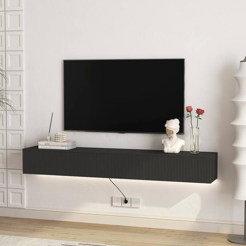Pure Black Wall TV Stand with Storage, Modern Floating Media Console w/ LED Light, Entertainment Media Center for TVs Up to 65"