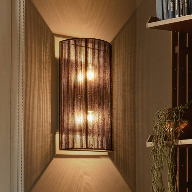 2-Light Modern Boho Natural Ivory/Black Hand-Woven Rope Fabric Flush Mount Wall Sconces