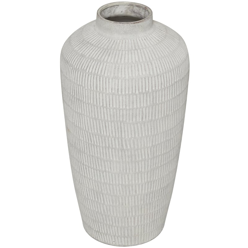 Ceramic Textured Decorative Vase with Linear Pattern - Cream - Roche River Decor - Beige - 12"W, 23"H