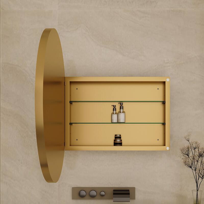31.5 Inch Surface Mount Round Metal Framed Medicine Cabinet with Mirror and Adjustable Shelves Black Wall Mirror with Storage