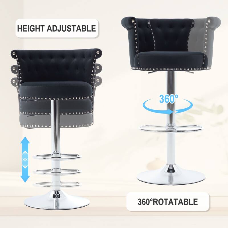Velvet Bar Stool Set of 2, Adjustable Swivel Bar Stools with Silver Plated Metal Leg, Counter Height Chair