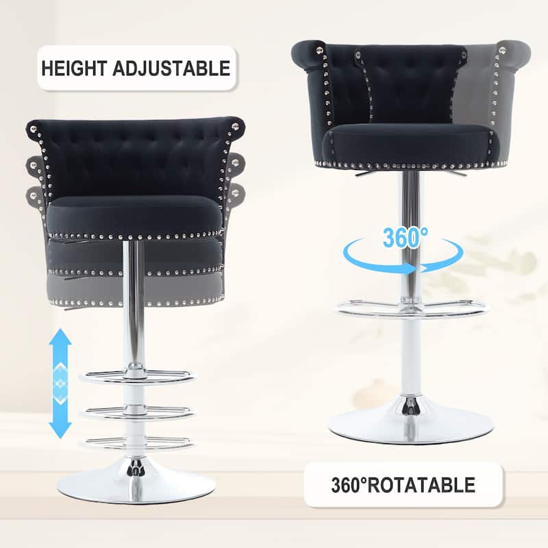 Velvet Upholstered Tufted Nailheads Swivel Adjustable Height Bar Stools with Silver Footrest(set of 2)