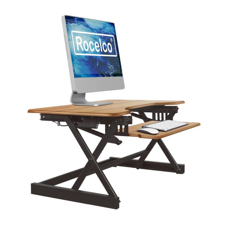 Rocelco 32 in. W Beige Height Adjustable Standing Desk Converter with Anti Fatigue Mat and Dual Monitor Riser Platform