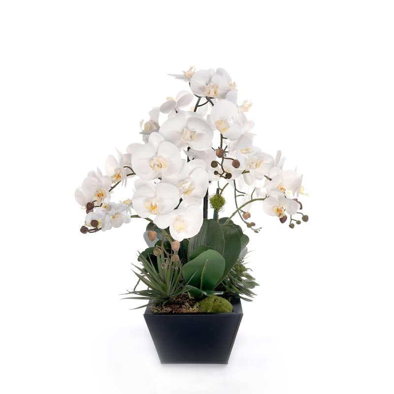 Real Touch White Orchid Flower Arrangement in Black Planter