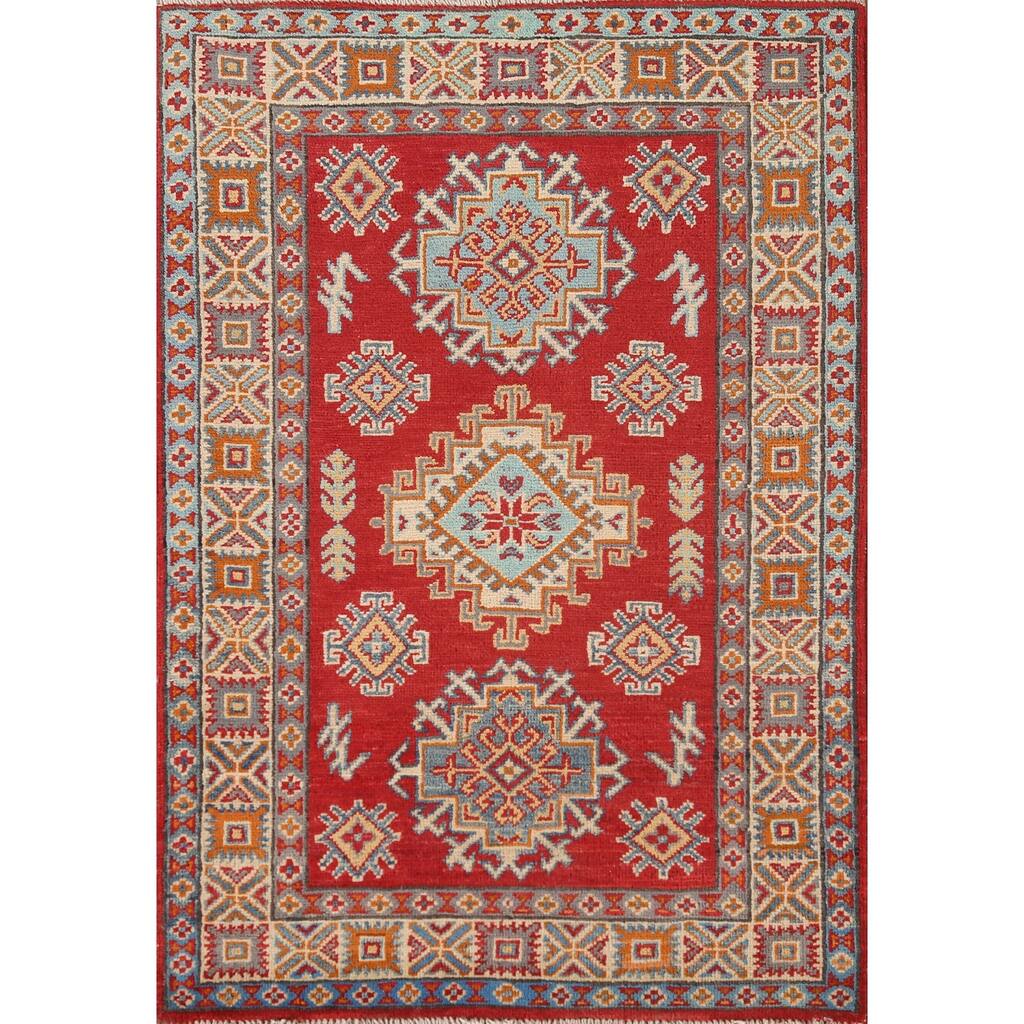 Kazak Oriental Accent Rug Hand-Knotted Geometric Red Wool Carpet - 2'9"x 4'1"