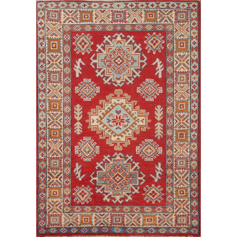 Kazak Oriental Accent Rug Hand-Knotted Geometric Red Wool Carpet - 2'9"x 4'1"